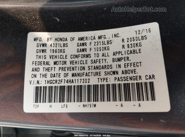 1HGCR2F74HA117302 2017 HONDA ACCORD Gray Widok komory silnika