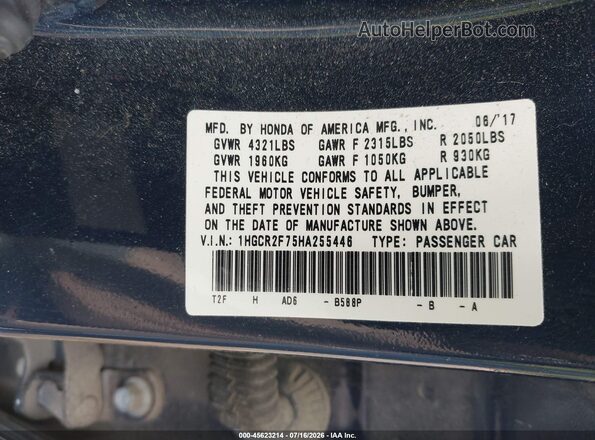 1HGCR2F75HA255446 2017 HONDA ACCORD Dark Blue ძრავის განყოფილების ხედი