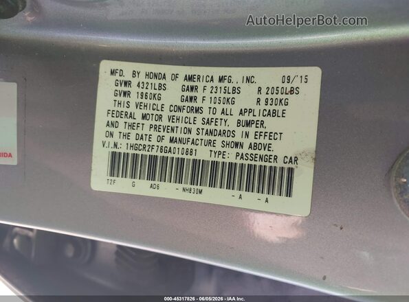 1HGCR2F76GA010881 2016 HONDA ACCORD Серебряный Вид подкапотного пространства