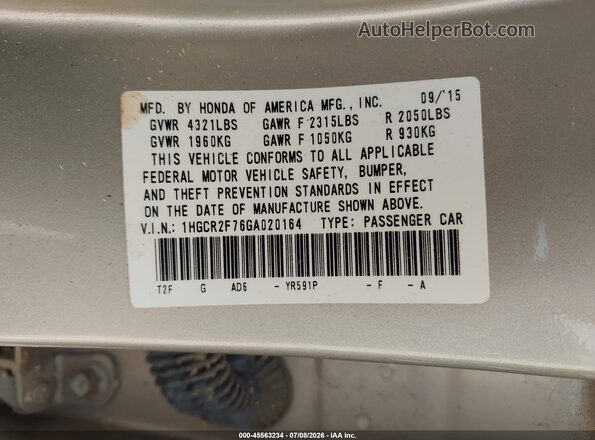 1HGCR2F76GA020164 2016 HONDA ACCORD Champagne Vista del compartimento del motor