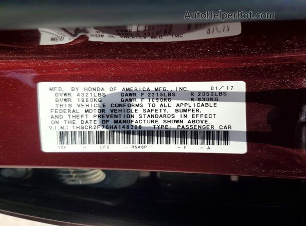 1HGCR2F76HA148308 2017 HONDA ACCORD Maroon Vista de la etiqueta del VIN