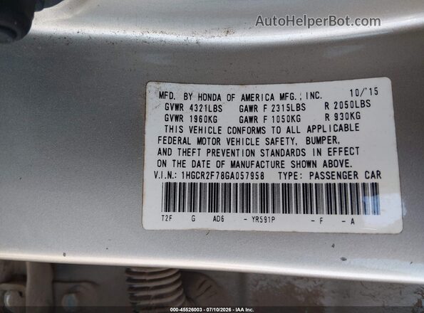 1HGCR2F78GA057958 2016 HONDA ACCORD Beige Vista del compartimento del motor