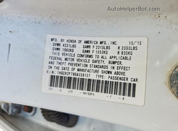 1HGCR2F78GA058107 2016 HONDA ACCORD White Widok naklejki z numerem VIN