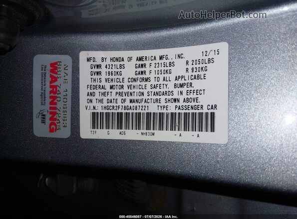 1HGCR2F78GA087221 2016 HONDA ACCORD Silver ძრავის განყოფილების ხედი