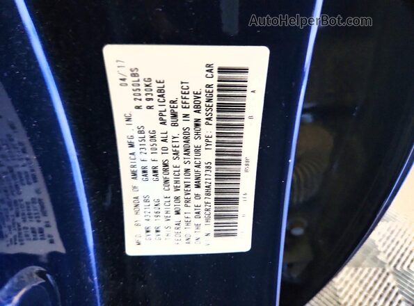 1HGCR2F78HA217385 2017 HONDA ACCORD Blue Vista del compartimento del motor