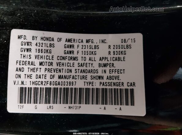 1HGCR2F80GA003997 2016 HONDA ACCORD Black Вид підкапотного простору