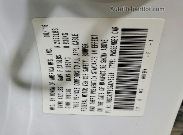 1HGCR2F80GA245253 2016 HONDA ACCORD White VIN კოდის სტიკერის ხედი
