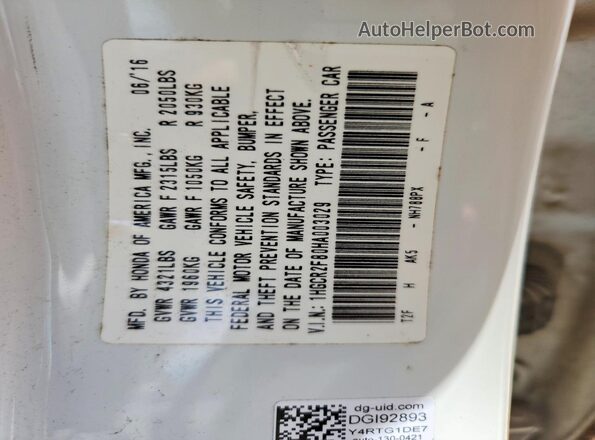1HGCR2F80HA003029 2017 HONDA ACCORD White Вид наклейки з VIN-кодом
