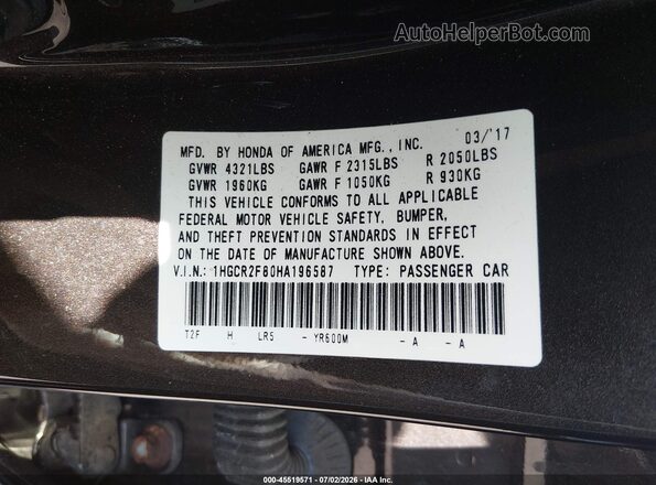 1HGCR2F80HA196587 2017 HONDA ACCORD Dark Brown Вид підкапотного простору