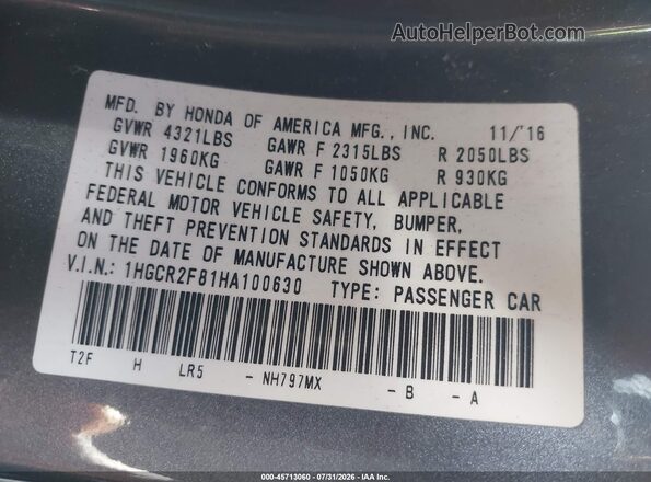 1HGCR2F81HA100630 2017 HONDA ACCORD Gray Շարժիչի բաժամունքի տեսք