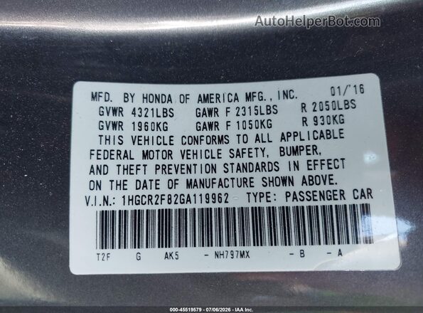 1HGCR2F82GA119962 2016 HONDA ACCORD Gray Vista del compartimento del motor