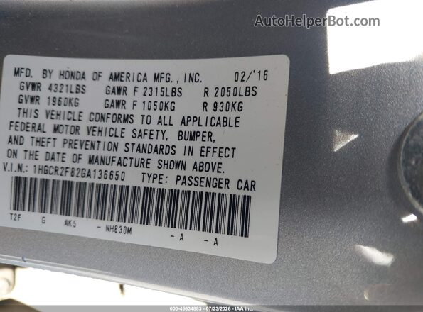 1HGCR2F82GA136650 2016 HONDA ACCORD Silver Widok komory silnika