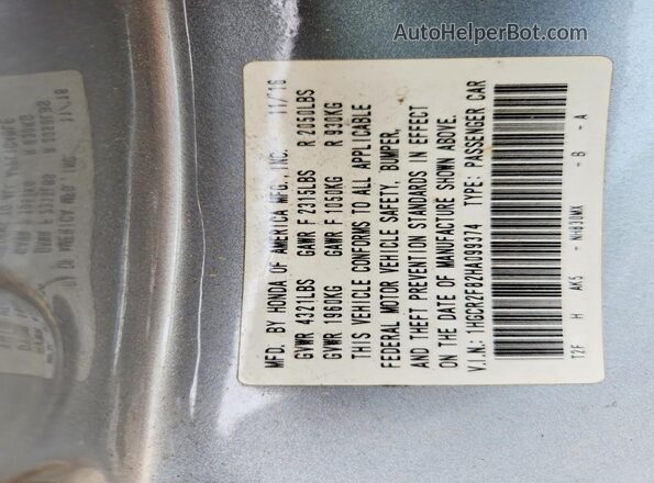 1HGCR2F82HA099374 2017 HONDA ACCORD Gray VIN sticker view