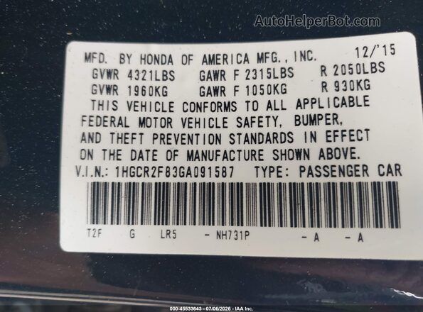 1HGCR2F83GA091587 2016 HONDA ACCORD Black Engine compartment view