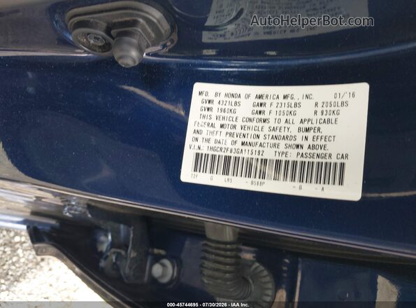 1HGCR2F83GA115192 2016 HONDA ACCORD Blue Շարժիչի բաժամունքի տեսք