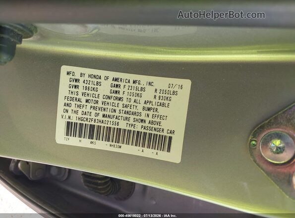 1HGCR2F83HA021556 2017 HONDA ACCORD Gray Widok komory silnika