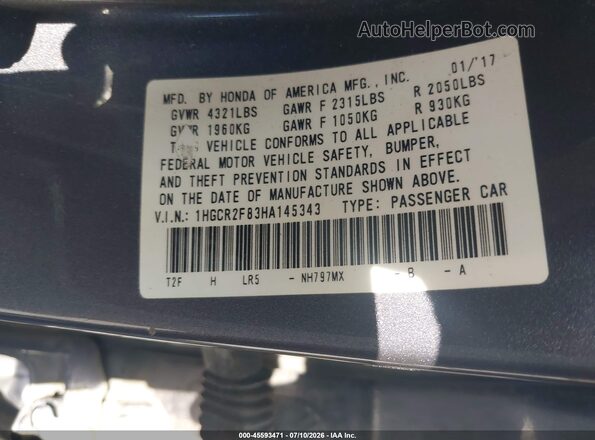 1HGCR2F83HA145343 2017 HONDA ACCORD Gray ძრავის განყოფილების ხედი