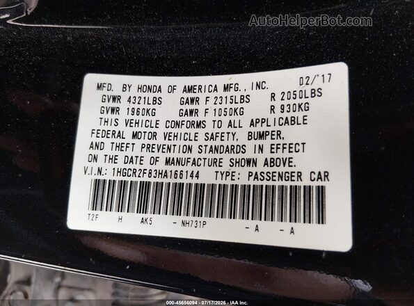 1HGCR2F83HA166144 2017 HONDA ACCORD Black Vista del compartimento del motor