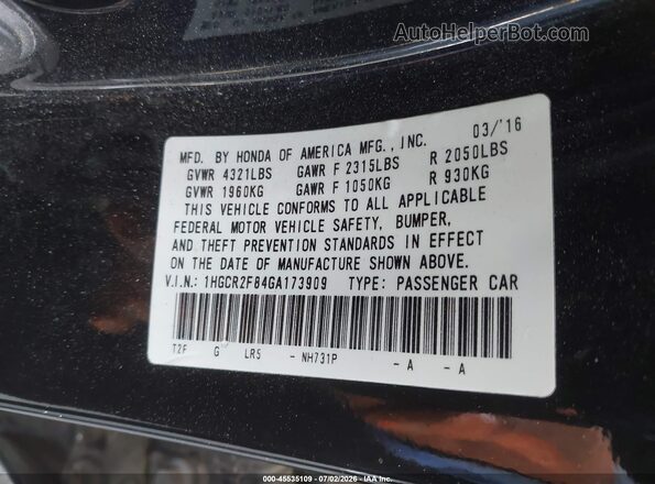 1HGCR2F84GA173909 2016 HONDA ACCORD Black Вид підкапотного простору