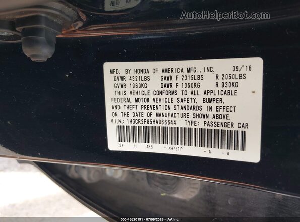 1HGCR2F85HA066644 2017 HONDA ACCORD Black Engine compartment view