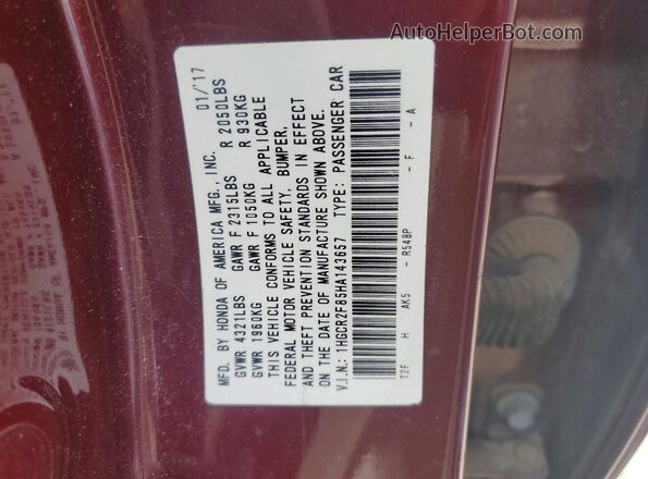 1HGCR2F85HA143657 2017 HONDA ACCORD Бордовый Вид подкапотного пространства