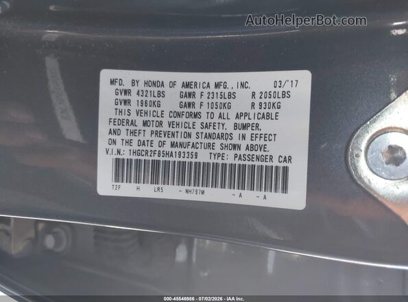 1HGCR2F85HA193359 2017 HONDA ACCORD Gray Вид підкапотного простору