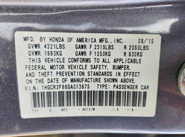 1HGCR2F86GA013675 2016 HONDA ACCORD Серый Вид подкапотного пространства