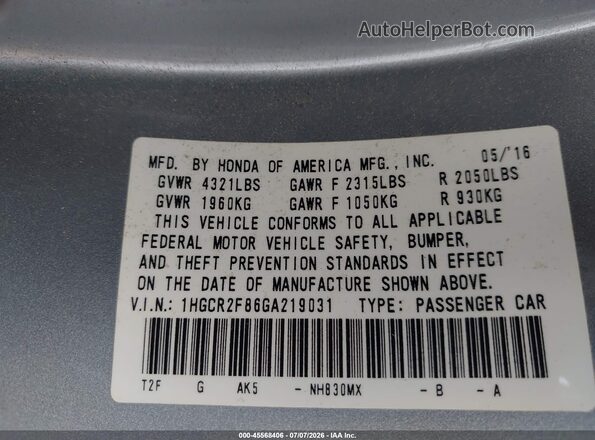1HGCR2F86GA219031 2016 HONDA ACCORD Silver Вид підкапотного простору