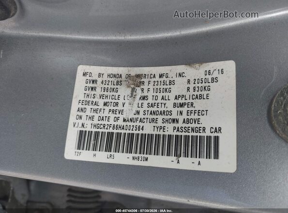 1HGCR2F86HA002564 2017 HONDA ACCORD Gray Շարժիչի բաժամունքի տեսք