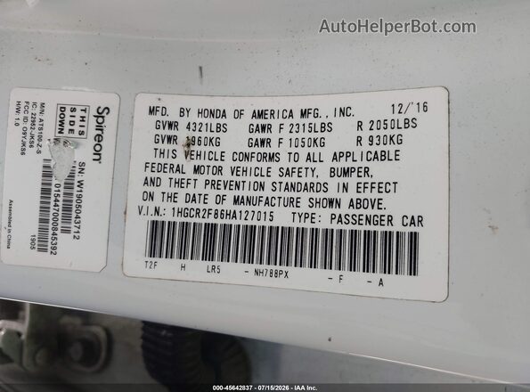 1HGCR2F86HA127015 2017 HONDA ACCORD White Вид підкапотного простору