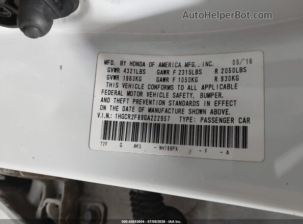 1HGCR2F89GA222957 2016 HONDA ACCORD Белый Вид подкапотного пространства