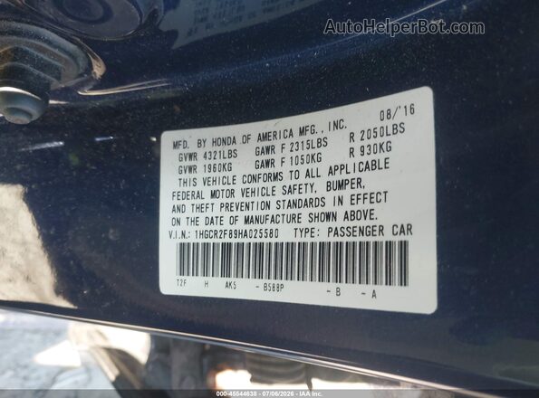 1HGCR2F89HA025580 2017 HONDA ACCORD Dark Blue Вид подкапотного пространства