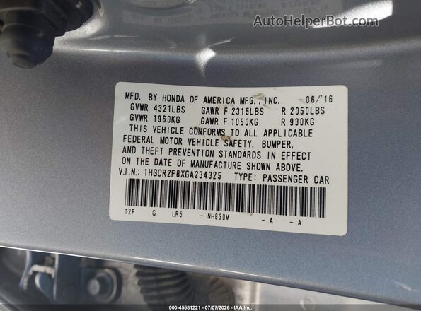 1HGCR2F8XGA234325 2016 HONDA ACCORD Gray Вид підкапотного простору