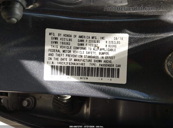 1HGCR2F92HA041483 2017 HONDA ACCORD Gray Вид підкапотного простору