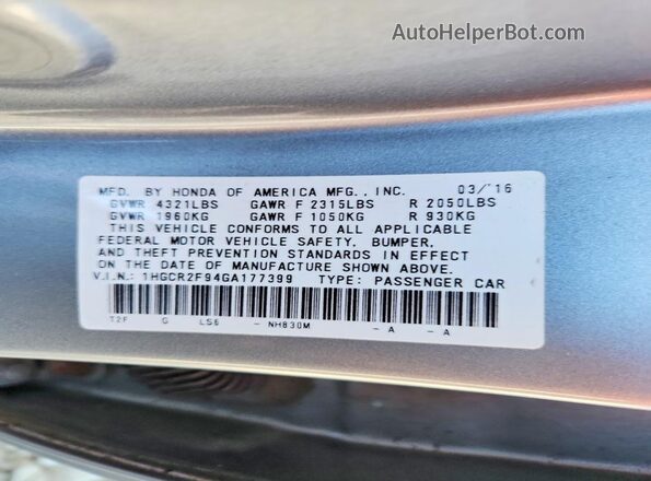1HGCR2F94GA177399 2016 HONDA ACCORD Серебряный Вид подкапотного пространства