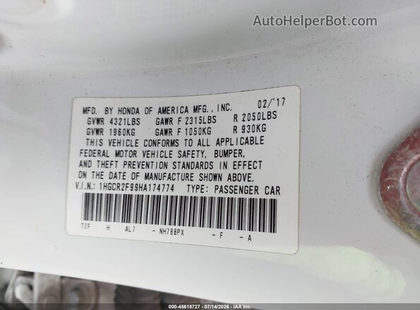 1HGCR2F99HA174774 2017 HONDA ACCORD Белый Вид подкапотного пространства