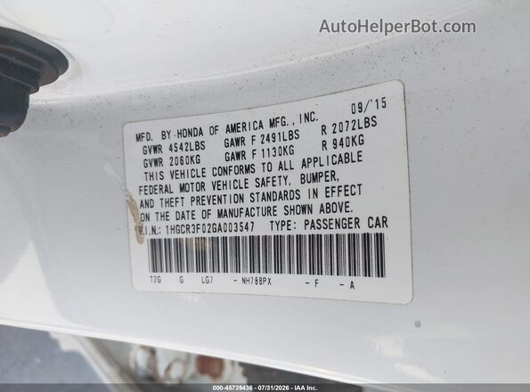 1HGCR3F02GA003547 2016 HONDA ACCORD White Вид підкапотного простору