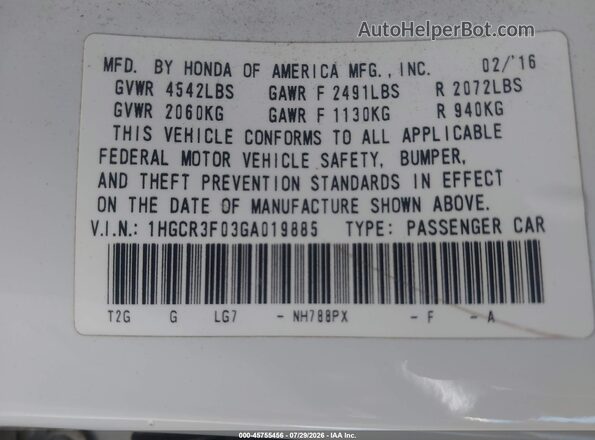 1HGCR3F03GA019885 2016 HONDA ACCORD White ძრავის განყოფილების ხედი