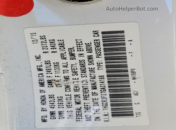 1HGCR3F07GA014186 2016 HONDA ACCORD White VIN sticker view