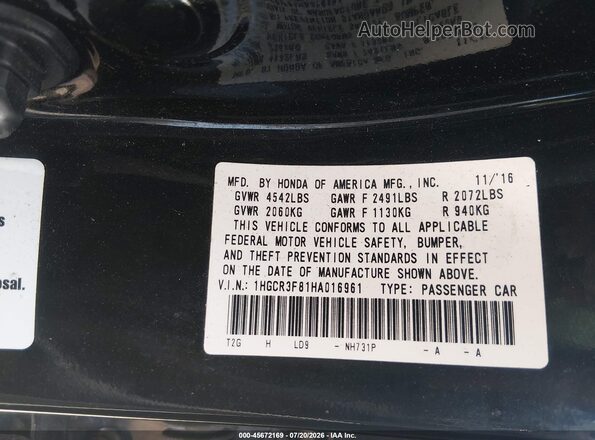 1HGCR3F81HA016961 2017 HONDA ACCORD Черный Вид подкапотного пространства