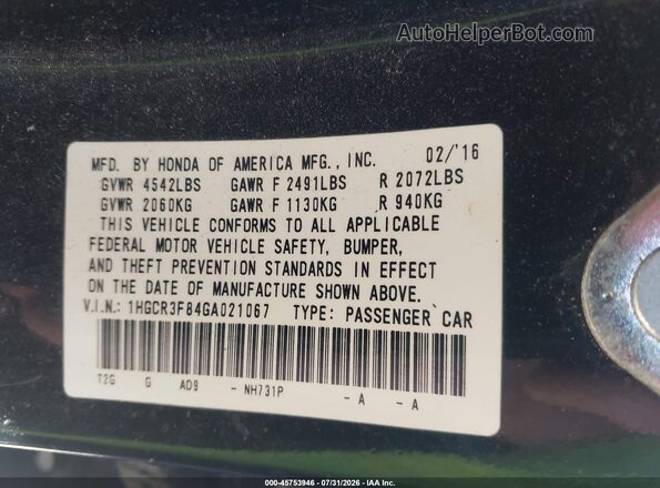 1HGCR3F84GA021067 2016 HONDA ACCORD Черный Вид подкапотного пространства