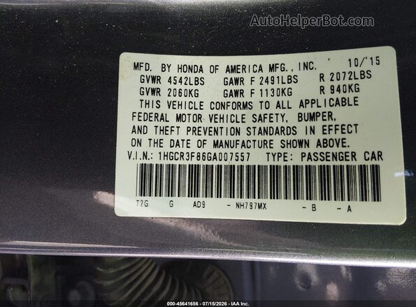 1HGCR3F86GA007557 2016 HONDA ACCORD Gray Вид підкапотного простору