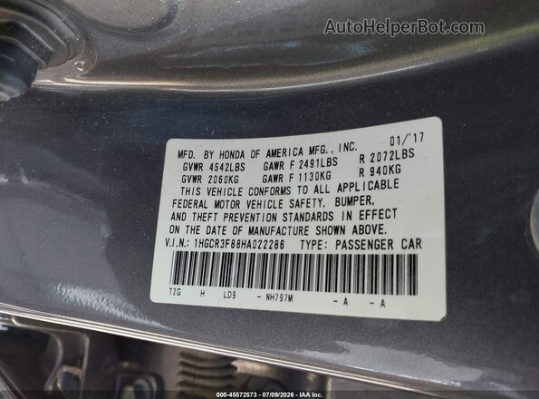 1HGCR3F88HA022286 2017 HONDA ACCORD Gray Vista del compartimento del motor