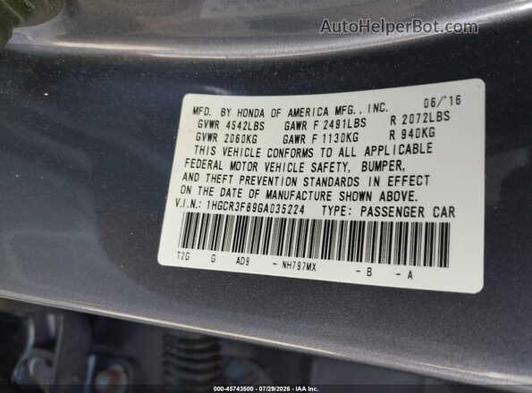 1HGCR3F89GA035224 2016 HONDA ACCORD Серый Вид подкапотного пространства