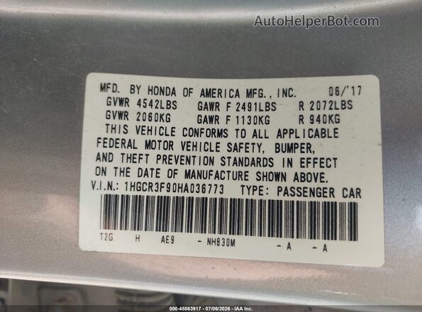 1HGCR3F90HA036773 2017 HONDA ACCORD Gray ძრავის განყოფილების ხედი