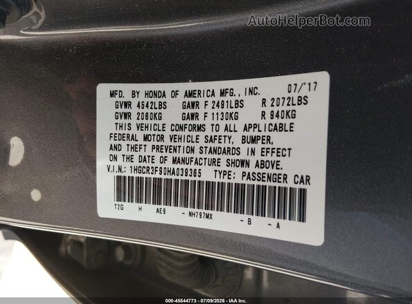 1HGCR3F90HA039365 2017 HONDA ACCORD Черный Вид подкапотного пространства