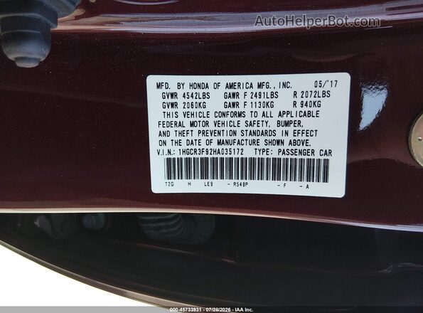 1HGCR3F92HA035172 2017 HONDA ACCORD Burgundy Engine compartment view