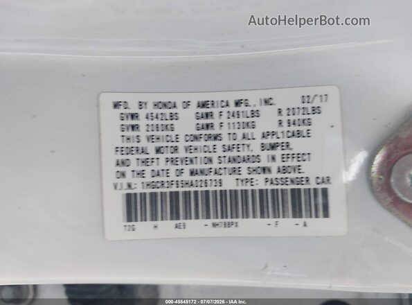 1HGCR3F95HA026739 2017 HONDA ACCORD White Вид підкапотного простору