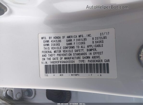 1HGCR3F95HA042004 2017 HONDA ACCORD Белый Вид подкапотного пространства