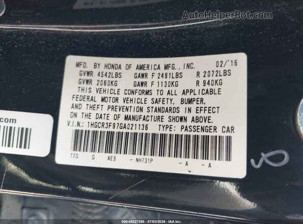 1HGCR3F97GA021136 2016 HONDA ACCORD Black Vista del compartimento del motor
